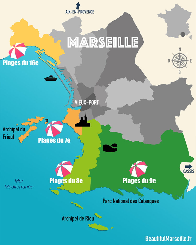 Carte des plages et calanques de Marseille, par arrondissements
